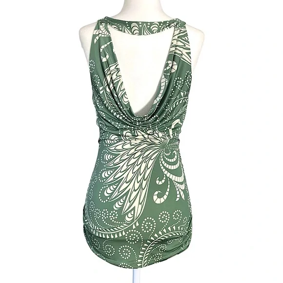 Y2K Vintage Paisley Swirl Draped Cowl Ruched Sage Green Wrap Tank Top Medium - Picture 5 of 10